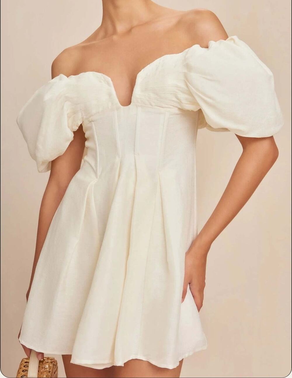 Cult Gaia Lissett Mini Dress Off White Cream Puffy Sleeve Fit & Flare Medium
